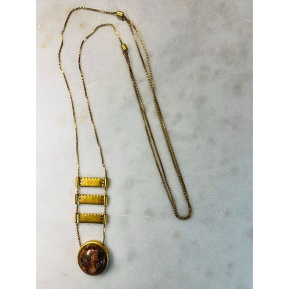 Madewell 30" Slider Box Chain Necklace Faux Jasper Pendant Art Deco Gold-Tone - Picture 4 of 6